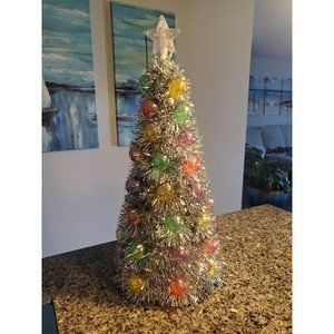 24" MCM Fiber Optic Silver Tinsel Decorated Christmas Tree Pre-lit Ball Lights